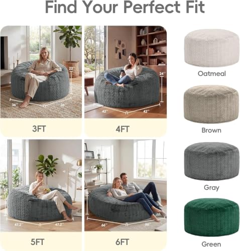 Round Big BeanBag with Filling Lounging Gaming Bedroom Office | Grey 5FT