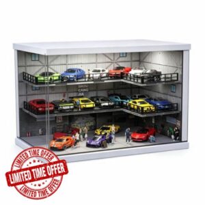 Display Case for Hot Wheels 1/64 Toy Car Diorama Garage with LED Lights                                                          Freestanding Stackable Parking Garage Diorama for 1/64 Diecast Cars Matchbox Storage Display