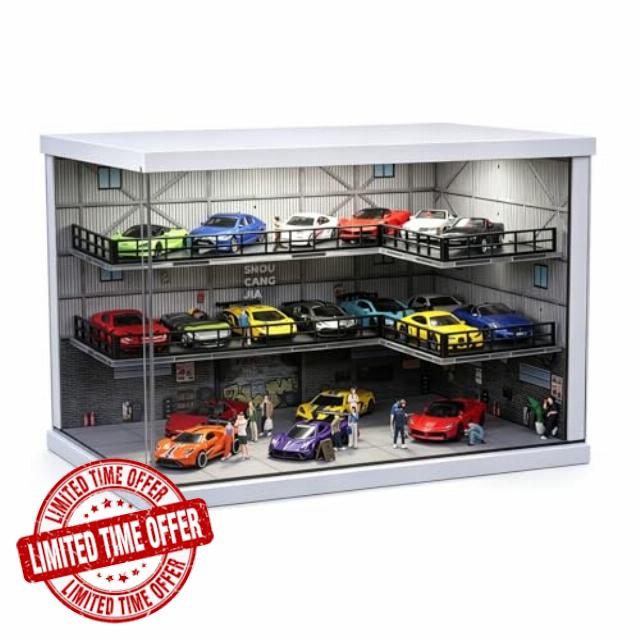 Display Case for Hot Wheels 1/64 Toy Car Diorama Garage with LED Lights                                                          Freestanding Stackable Parking Garage Diorama for 1/64 Diecast Cars Matchbox Storage Display