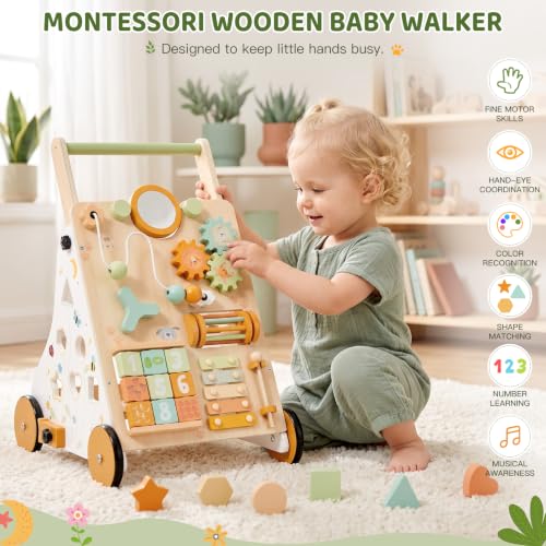 Montessori Push Walker Toys for 1 Year Old 9-in-1 Activity Center Baby Walker with Adjustable Speed & Rubber Wheels for Babies 12 Months+ Learning to Walk
