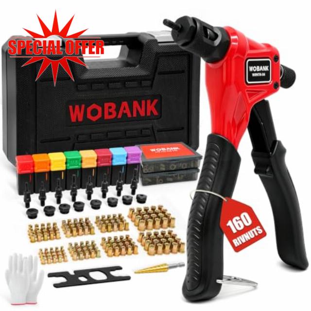 8" Rivet Nut Tool Kit with 160pcs Rivet Nuts & 8 Mandrels                                                          One Handed Rivnut Tool for Tight Spaces