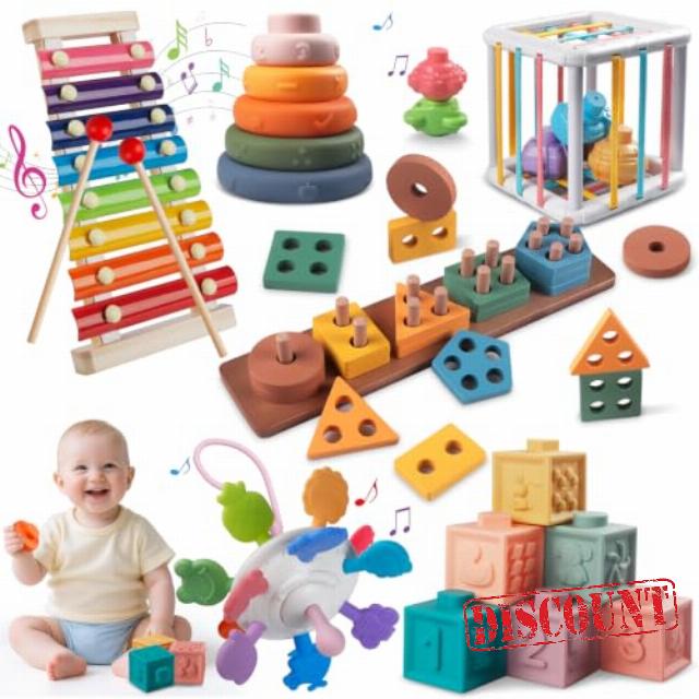 6-in-1 Montessori Baby Toy Set with Wooden Shape Sorter Xylophone Teether                                                          5 Stacking Rings