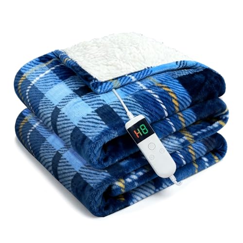 Soft Flannel 50"x60" Plaid Heating Blanket with 8 Hours Auto Off 10 Fast Heating Levels Machine Washable Sherpa Heated Blanket with Overheating Protectio