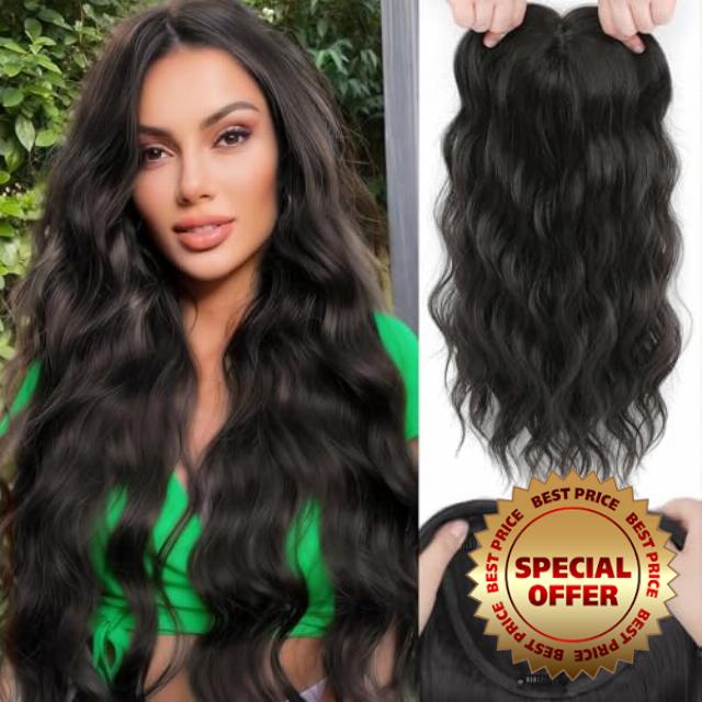 Hair Toppers for Women with Thinning Hair 20 Inch Toppers Hair Pieces                                                          6''x5.5'' Hand Tied Breathable Lightweight Curly Wavy Ladies Wiglets Toppers Clip in Side Bangs Mix Human Hair-Dark Brow