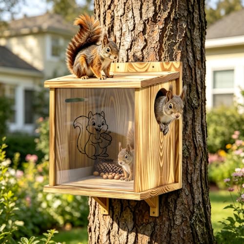 Clear Acrylic Window Carbonized Wood Squirrel Nesting Box for Backyard