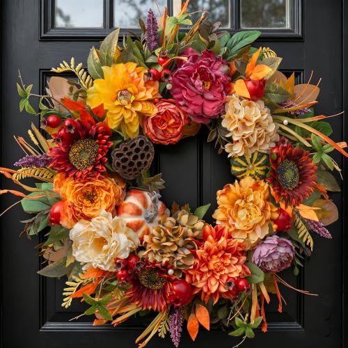 Porch & Entryway Luxury Autumn Wreath with Burgundy Sunflower
