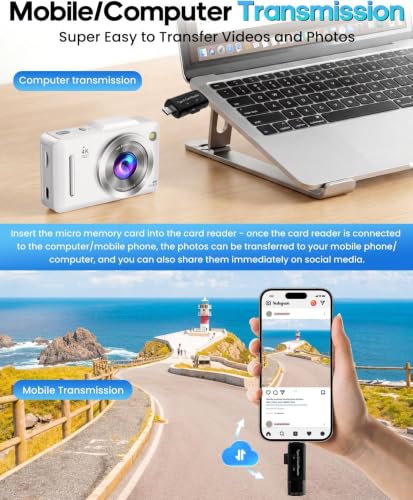 48MP Compact Portable Point and Shoot Camera Gift for Kids Boys Girls Beginner(White)