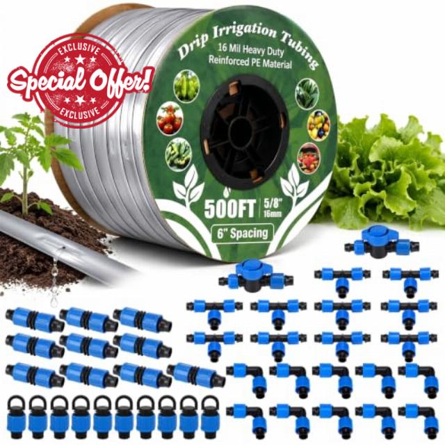 Tondiamo 500 ft 5/8" Drip Tape Irrigation Kit 16 Mil 6" Spacing