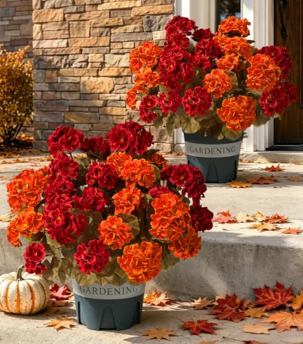 2 Pack Potted Plants Faux Geraniums Bush Realistic UV Resistant Fake Flowers Greenery for Outside Porch Patio Yard Indoor