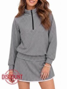 Fisoew Womens 2 Piece Outfits Gingham Half Zip Sweatshirts Mini Skorts Set                                                          Stand Collar