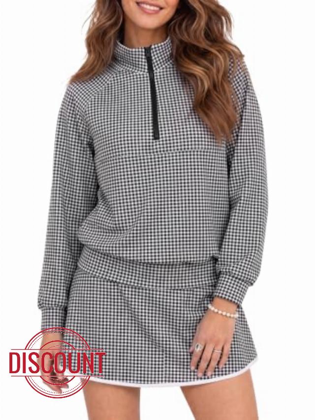 Fisoew Womens 2 Piece Outfits Gingham Half Zip Sweatshirts Mini Skorts Set                                                          Stand Collar