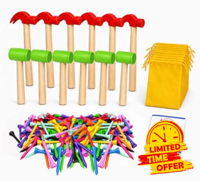 12 Pcs Wooden Hammer Toy with 120 Pcs Colorful Wood Golf Tees