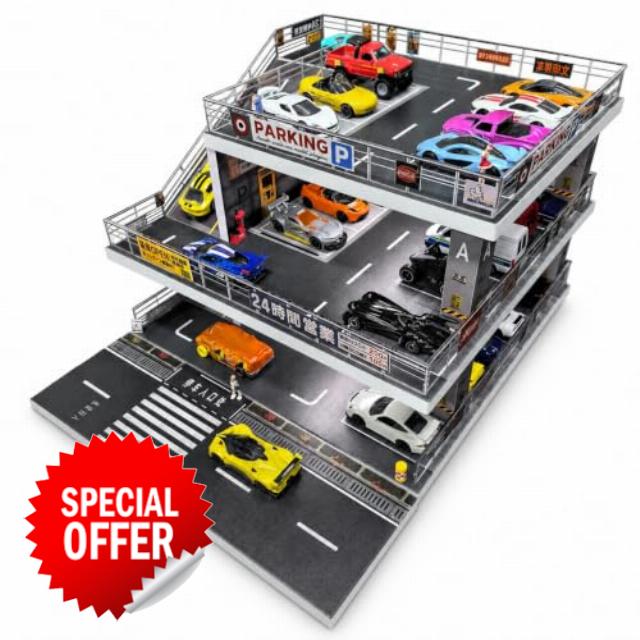 Display Case for Hot Wheels: Toy Car Garage Diorama with LED Lights (Grey)                                                          Freestanding 3-Level City Parking Lot Scene With Ramps for 1/64 Diecast Cars