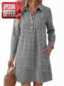 ANRABESS Women's Long Sleeve Striped Fall Shift Shirt Dress                                                          Button Up Polo Collar Tunic Short Dresses with Pockets