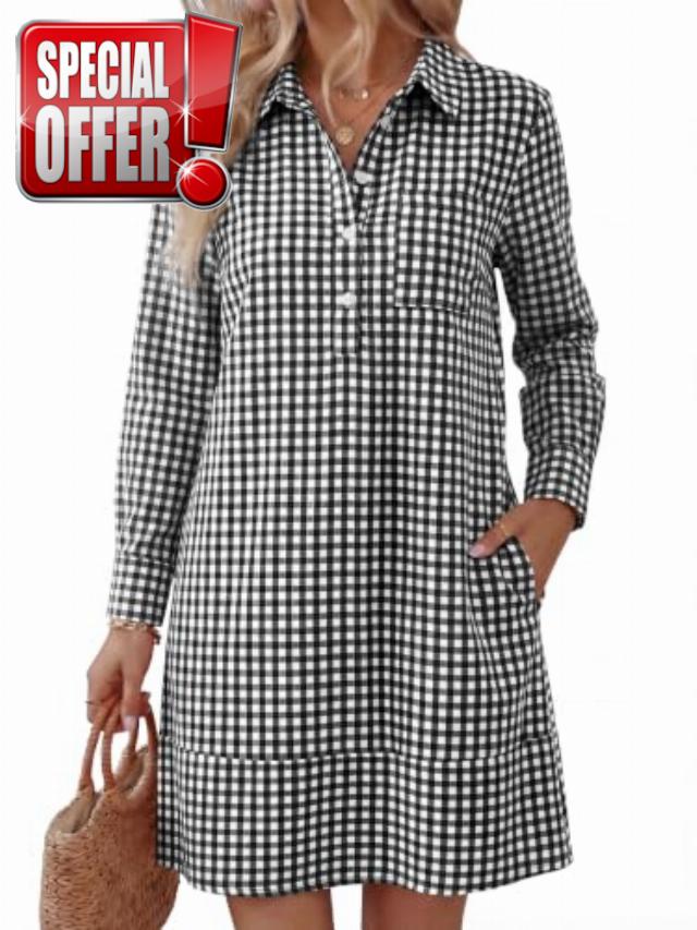 ANRABESS Women's Long Sleeve Striped Fall Shift Shirt Dress                                                          Button Up Polo Collar Tunic Short Dresses with Pockets