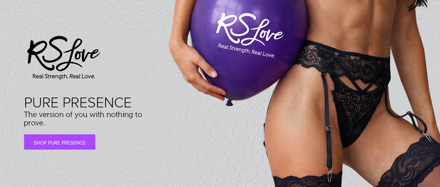 Text reads 'RSLove', 'PURE PRESENCE', 'The simple quality of being fully here and present with your body'. Woman in black lace lingerie holding purple RSLove balloon. Purple 'SHOP NOW' button visible.