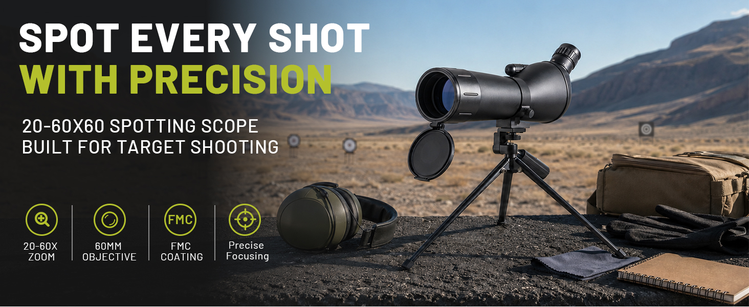 20-60x60 spotting scope with FMC optics, tripod mount and compact body