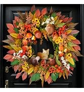 Fall Wreaths for Front Door 24", Fall Door Wreath with 3 Color Sunflowers | Fall Wreath 3 Color S...