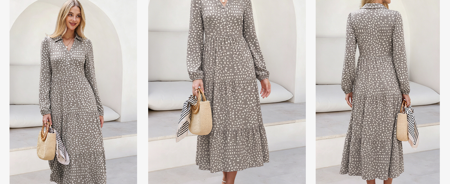 ANRABESS Womens Long Sleeve Polo V Neck Casual Fall Maxi Dress Collared Midi-Maxi Flowy Dresses