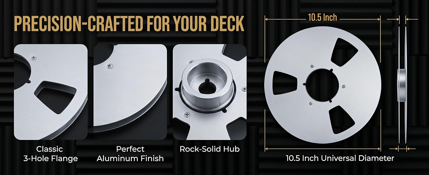 10.5 inch universal diameter aluminum reel with 3-hole flange and rock-solid hub.