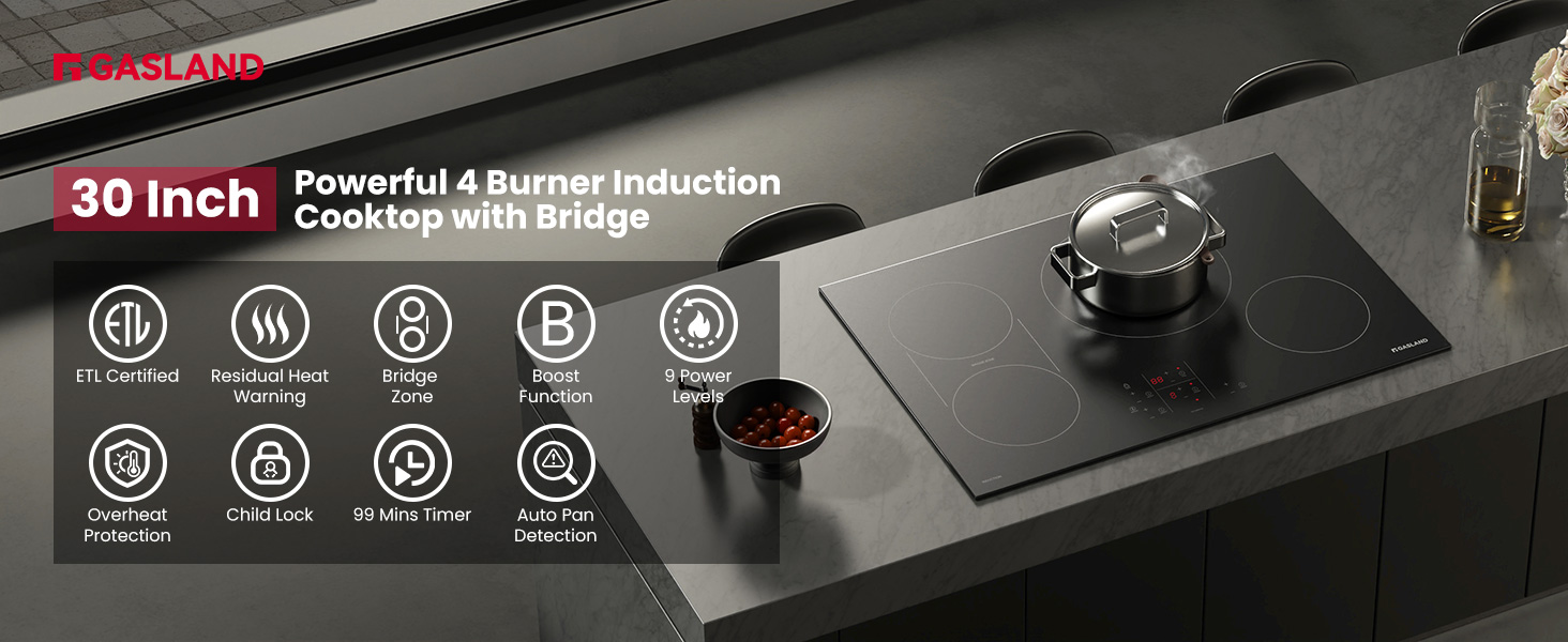 30 Inch Powerful 4 Burner InductionCooktop with Bridge