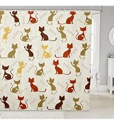 Mid Century Retro Cat Shower Curtain Sets 12 Hooks Suit Bath Decor | Modern Geometric Abstract Wa...