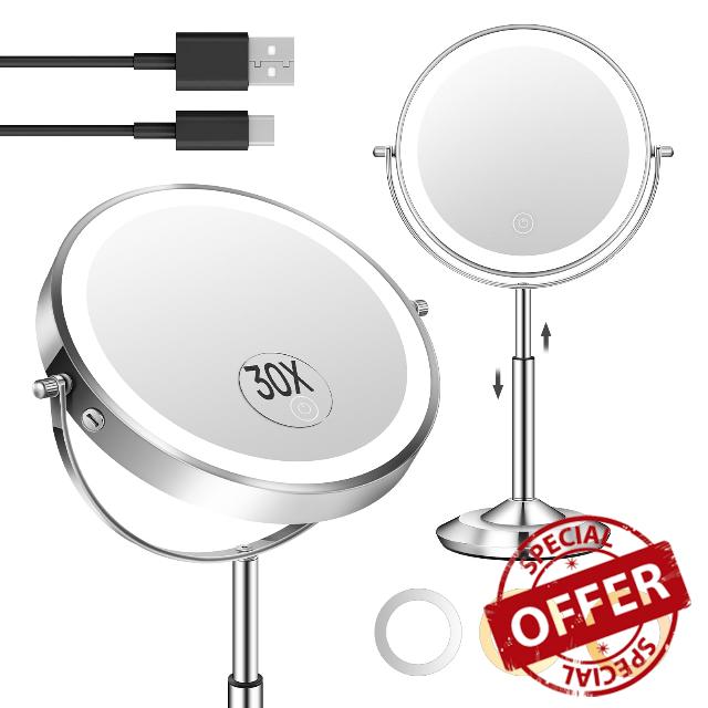 1X/30X 8" Magnifying Makeup Mirror with Lights Height Adjustable for Desk                                                          3000mAh Rechargeable Lighted Magnifying Mirror Double Sided Vanity Mirrors with 3 LED Lighting Touch Dimmable for Women Gif