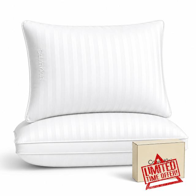 Calvin Klein Hotel Collection Bed Pillows Queen Size Set of 2 Medium Soft                                                          400 Thread Count 100% Cotton Damask Stripe Cover