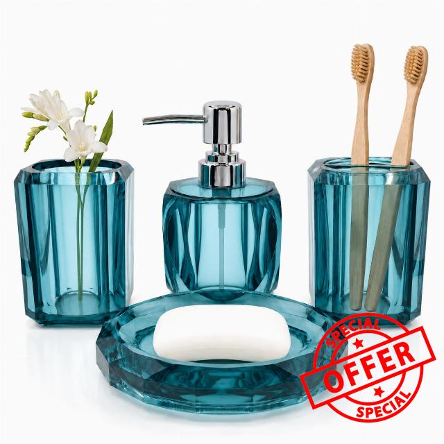 LGURT 4pc Heart-Shaped Teal Acrylic Bathroom Accessories Set                                                          soap dispenser