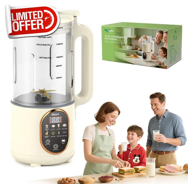Beyn 10-in-1 60oz Nut Milk Maker Machine Automatic Soy Milk Maker                                                          48-Titanium Blades Automatic Self-Cleaning Large Capacity Plant-Based Milk Maker with Delay Start & Keep Warm White
