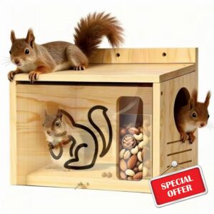 Widened Medium Wooden Squirrel House for Outside                                                          Dual Protective Entry Design with Squirrel Feeder