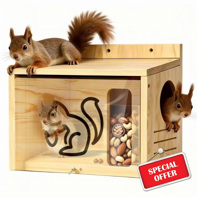 Widened Medium Wooden Squirrel House for Outside                                                          Dual Protective Entry Design with Squirrel Feeder