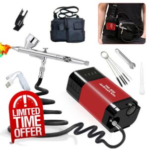 Portable Airbrush Kit with Cordless Compressor 20-50psi pressure level                                                          8000mAh Capacity air brush compressor Crossbody Waist Pack 10-Level Adjustable Pressure Wide Application Easy Use & Storage