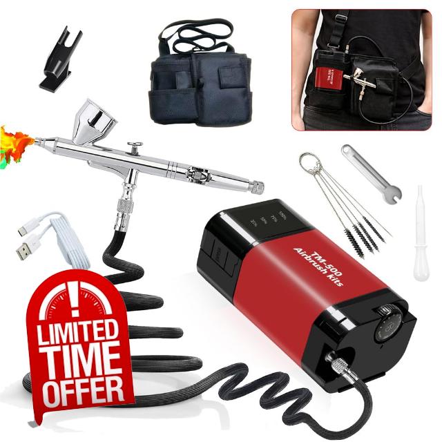 Portable Airbrush Kit with Cordless Compressor 20-50psi pressure level                                                          8000mAh Capacity air brush compressor Crossbody Waist Pack 10-Level Adjustable Pressure Wide Application Easy Use & Storage