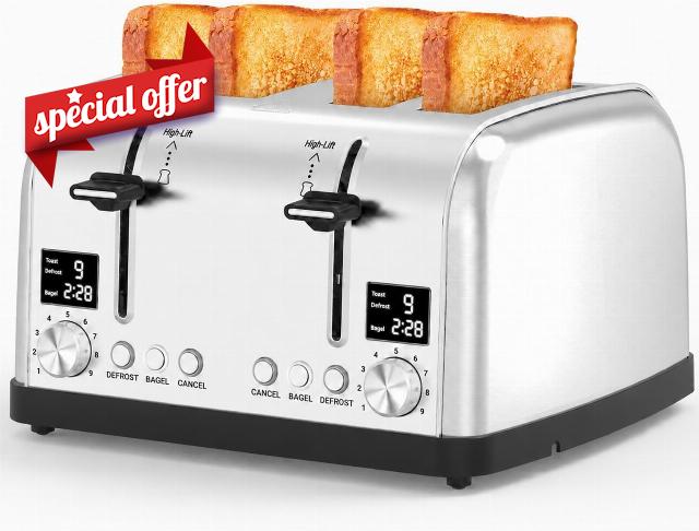 Lainsten Toaster 4 Slice Stainless Steel Extra Wide Slots