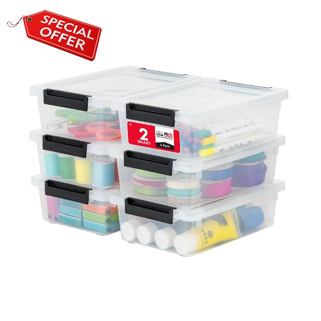 IRIS USA Storage Bins with Lids |Made in USA| 2 Qt - (6-Pack) - Clear/Black                                                          Sensory Craft Organizers
