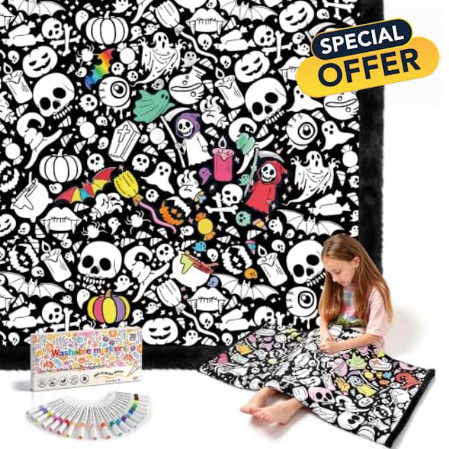 ROYAMOON Halloween Boo Washable Coloring Blanket Kit for Kids & Adults                                                          20 Washable Markers