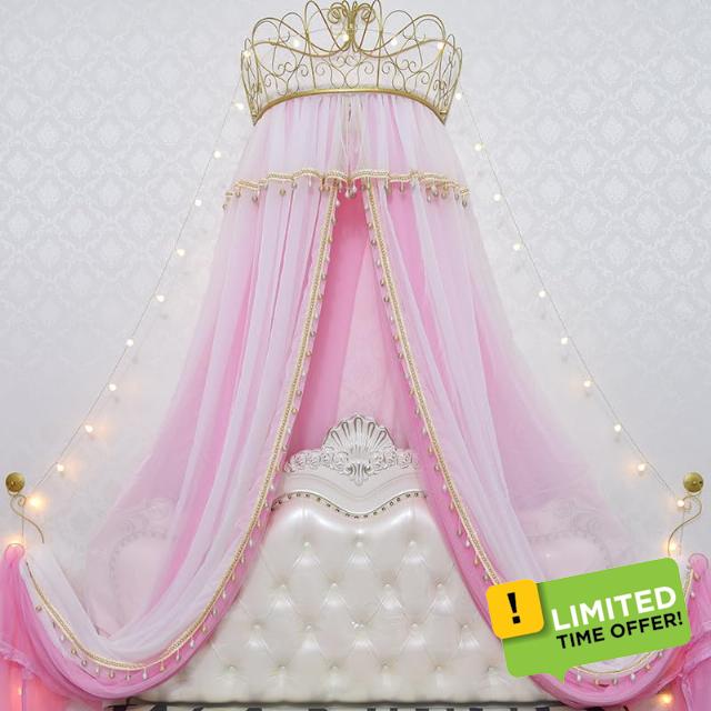 Girl Bed Curtain Princess Crown Room Decor Bedside Yarn Net Romantic Princess Tents Bed Canopy Valance (Pink)