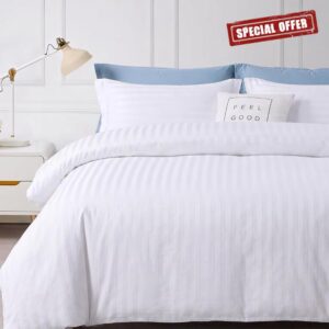 Cotton Sateen Stripe Duvet Cover Set Soft Hotel Bedding White