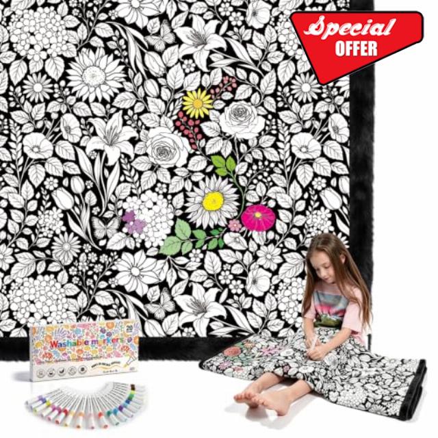 ROYAMOON Flowers Washable Coloring Blanket for Adults & Kids - 20 Markers                                                          40x60 Inch