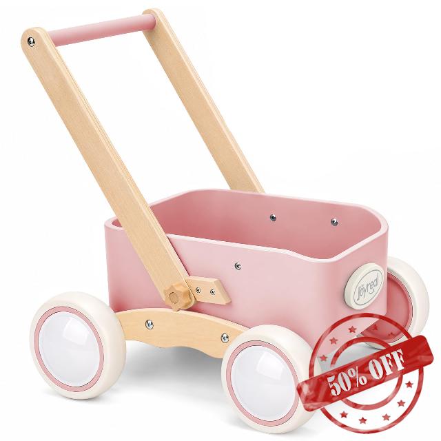 Joyreal Pink 2-in-1 Wooden Baby Push Walker & Toddler Wagon for 6+ Months                                                          Stable Wide Base Design