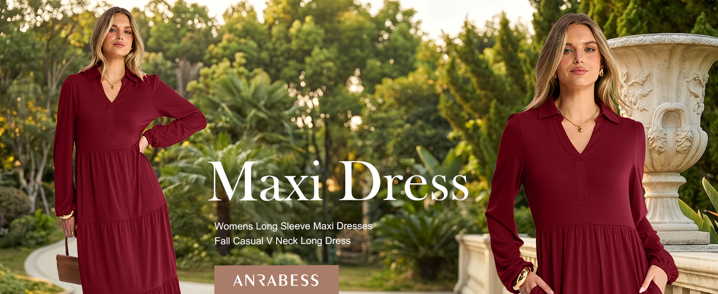 ANRABESS Womens Long Sleeve Polo V Neck Casual Fall Maxi Dress Collared Midi-Maxi Flowy Dresses