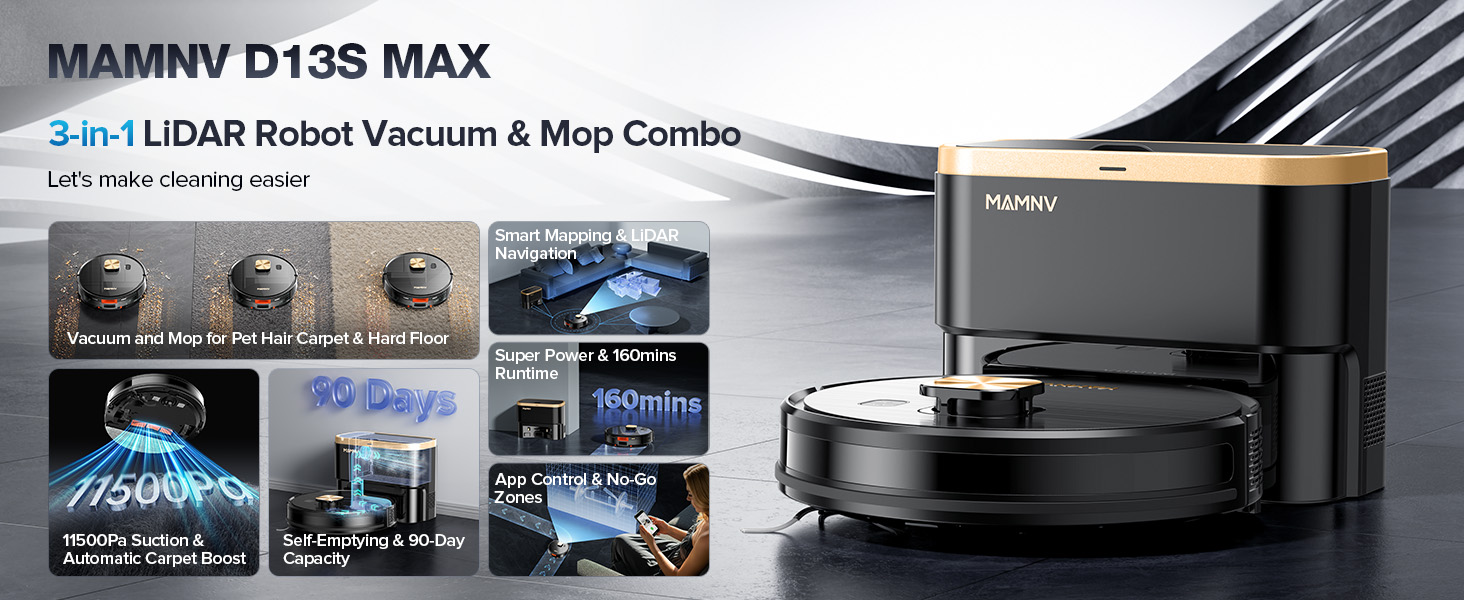 3-in-1 LiDAR Robot Vacuum & Mop Combo, Precision Laser Mapping & LiDAR Navigation & Self-Emptying