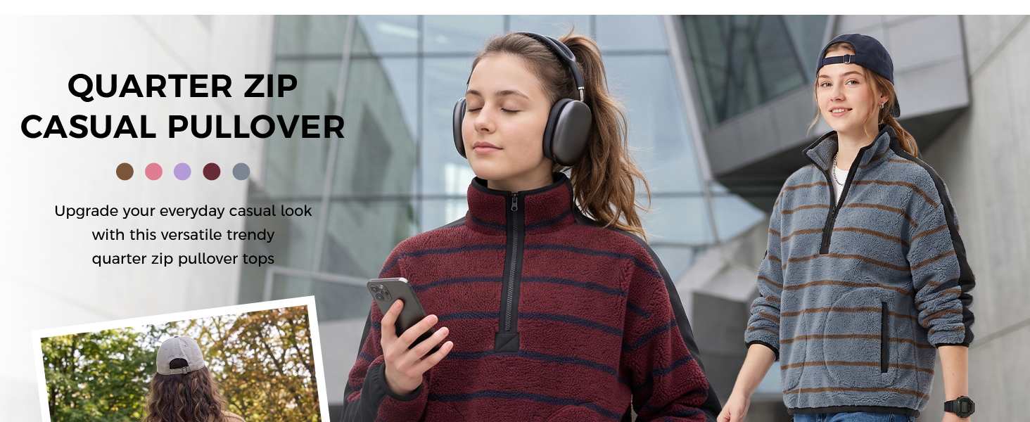 Women modeling quarter zip fleece pullovers for casual outdoor wear.