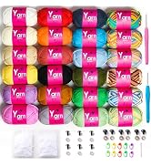24 Pack Crochet Yarn Beginner - Black White Orange Red Green Rainbow Pink Cotton Chunky Yarn - wi...
