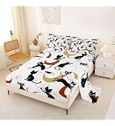 Mid Century Black Cat Queen Sheets Set 4 Pieces 16" Deep Pocket | Abstract Geometric Bedding Set ...