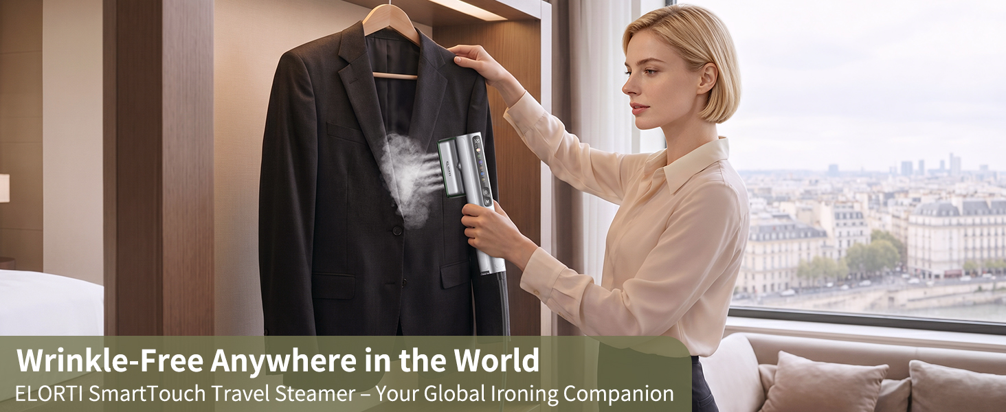 ELORTI green travel steamer for clothes, works on all fabrics, dual voltage, includes travel pouch