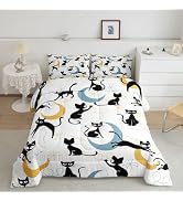 Mid Century Black Cat Bedding Comforter Set Queen Size for Boys Girls | Modern Geometric Abstract...