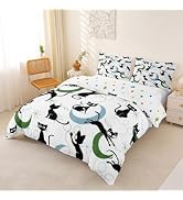 Mid Century Cat Bedding Duvet Cover Set Queen Size for Boys Girls | Vintage Red Green Black Bed i...