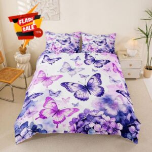 Erosebridal Watercolor Butterfly Duvet Cover Full Size Girly Tie Dye Bedding Set for Kids Boys Girls Purple Pink Wildlife Comforter Cover Dreamy Flowers Bedclothes Room Deco